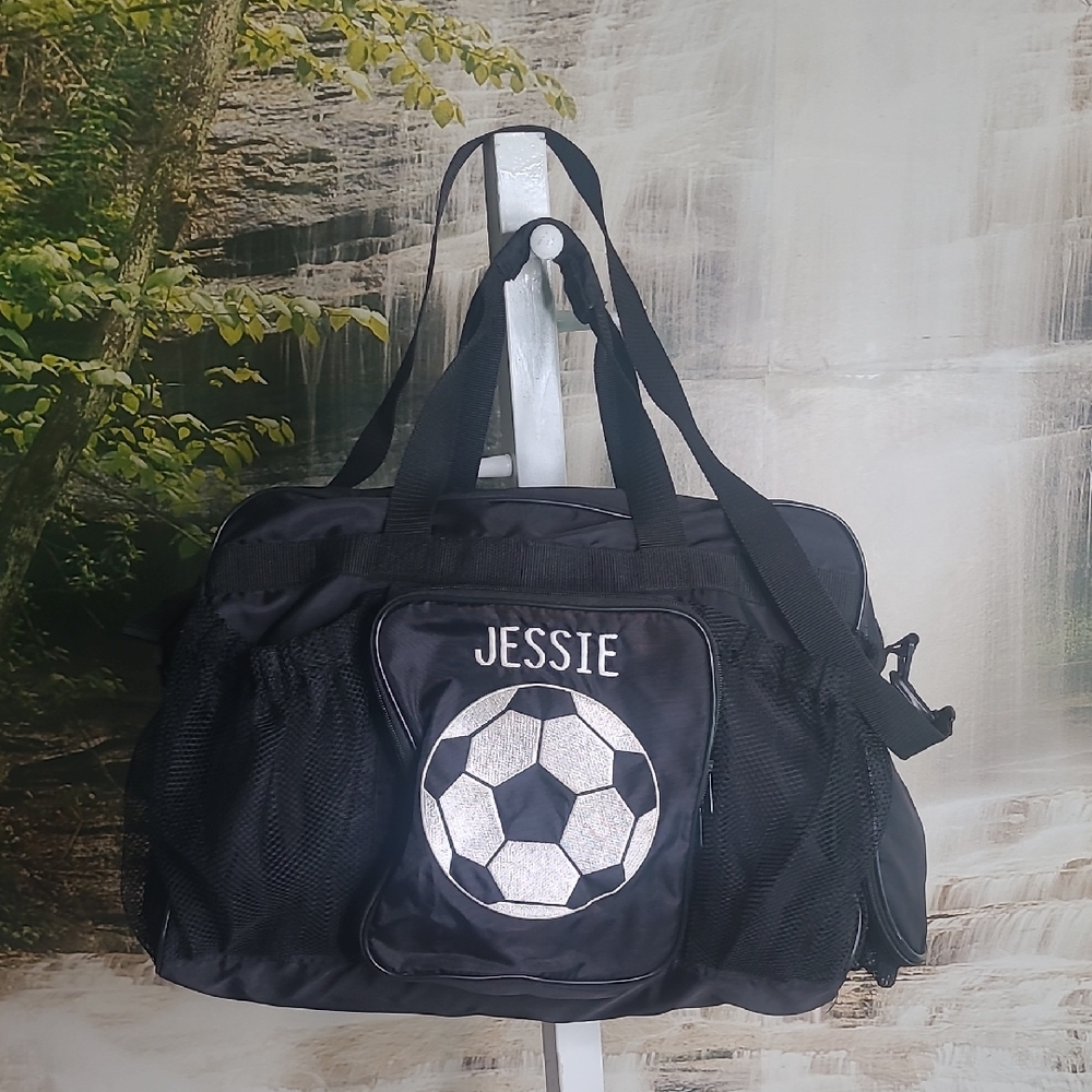 Black Soccer Athletic Sports Duffle Travel Bag JESSIE embroidered